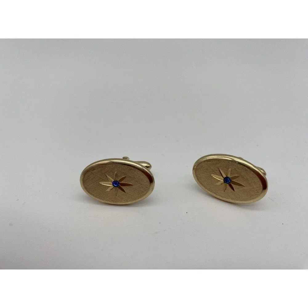 VTG AVON Star Etched Cufflinks With Blue Rhinestone‎ Gold Tone Oval